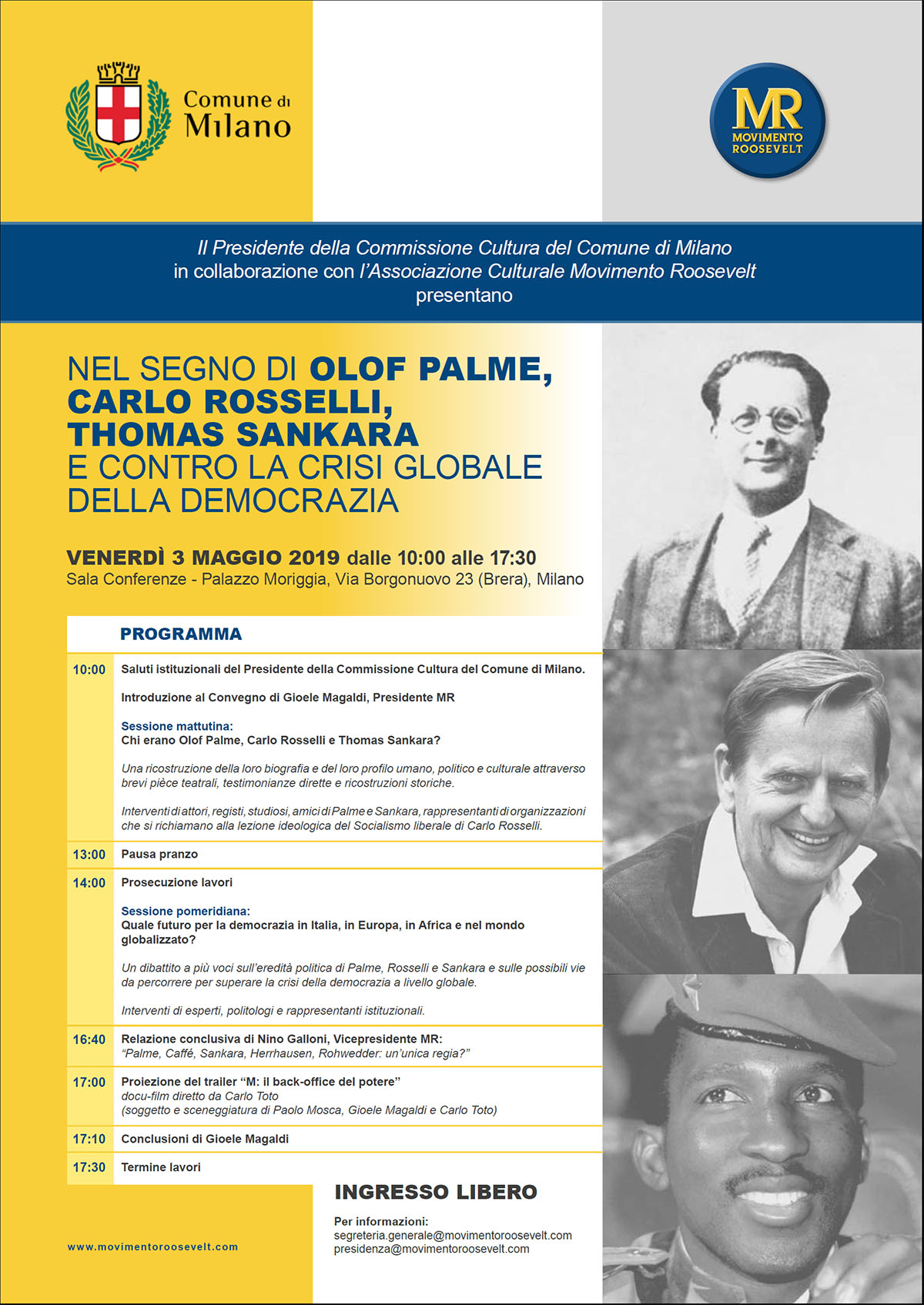 Prima Locandina ufficiale Evento 3 maggio 2019 MR Nel segno di Palme Rosselli e Sankara e contro la crisi globale della democrazia